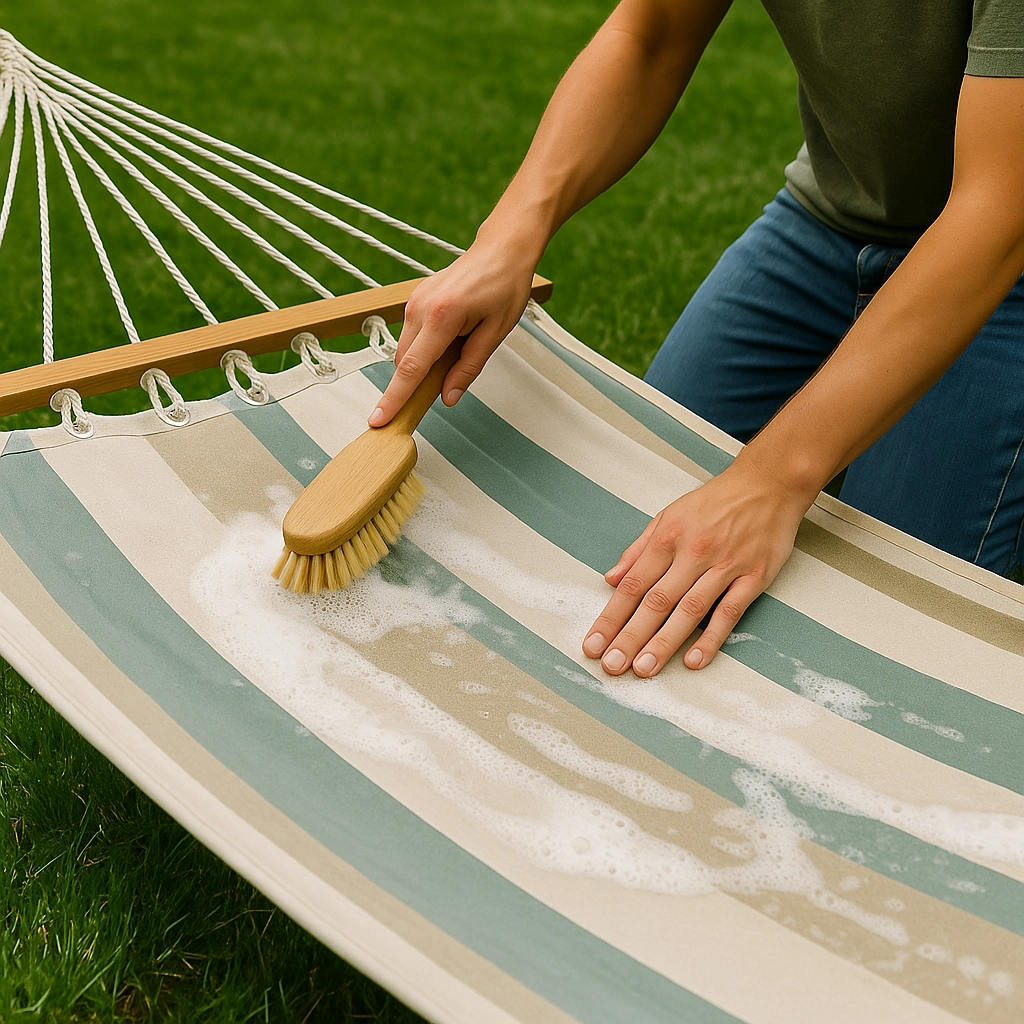 Hand scrubbing soapy striped hammock fabric outdoors with a wooden brush.