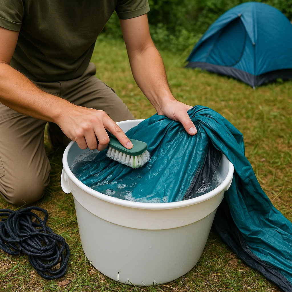 Person scrubbing teal fabric hammock in a soapy bucket at a campsite.
