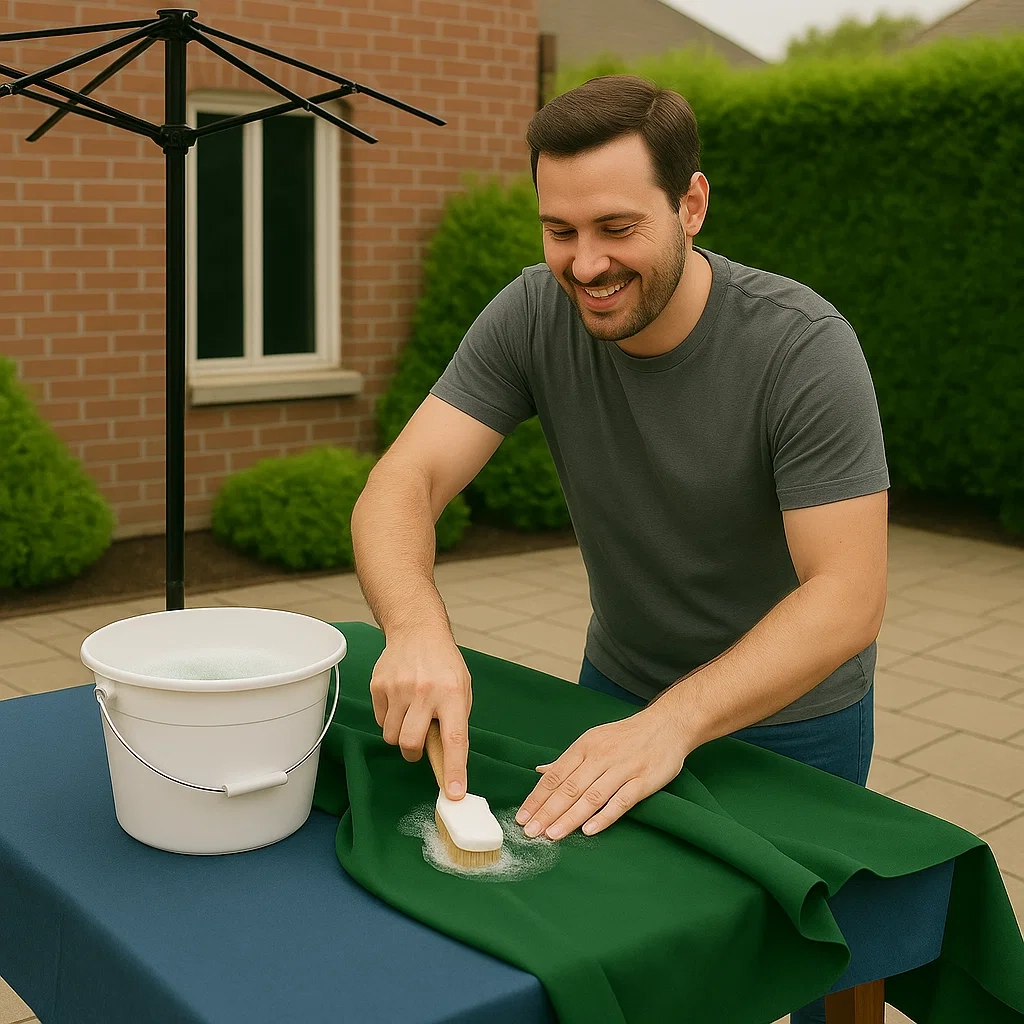 Hand using a soft-bristle brush to scrub soapy patio umbrella fabric on flat surface.
