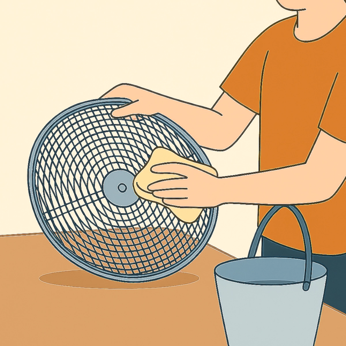 Wiping fan grill with cloth beside water bucket