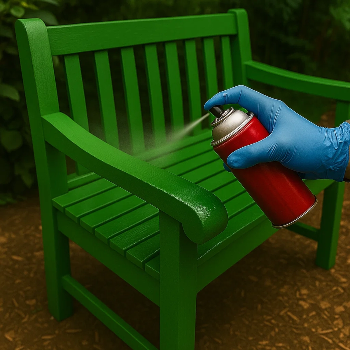Spraying protective topcoat on painted green garden bench for weather resistance.