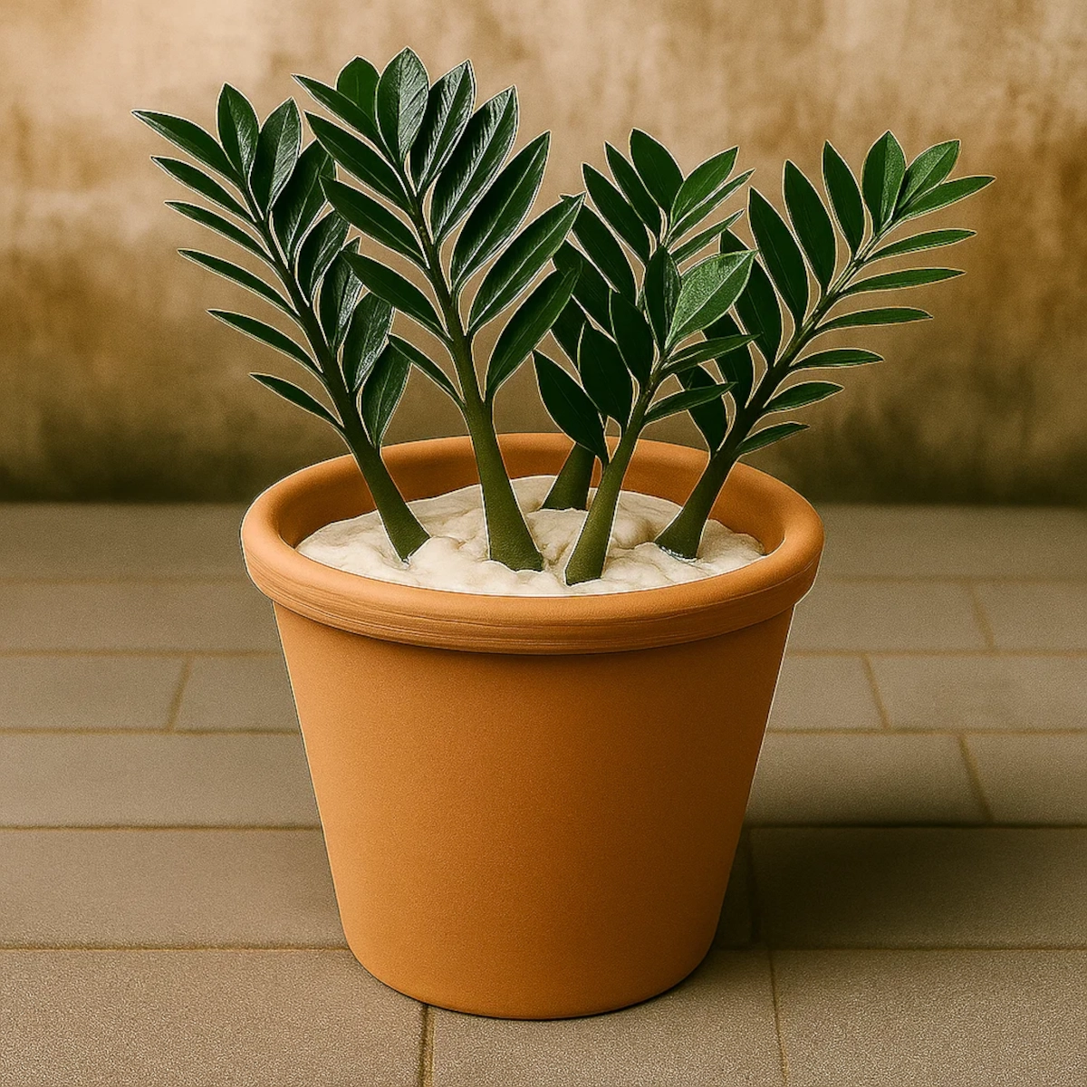 Artificial plant stems anchored in a terracotta pot with white expanding foam.