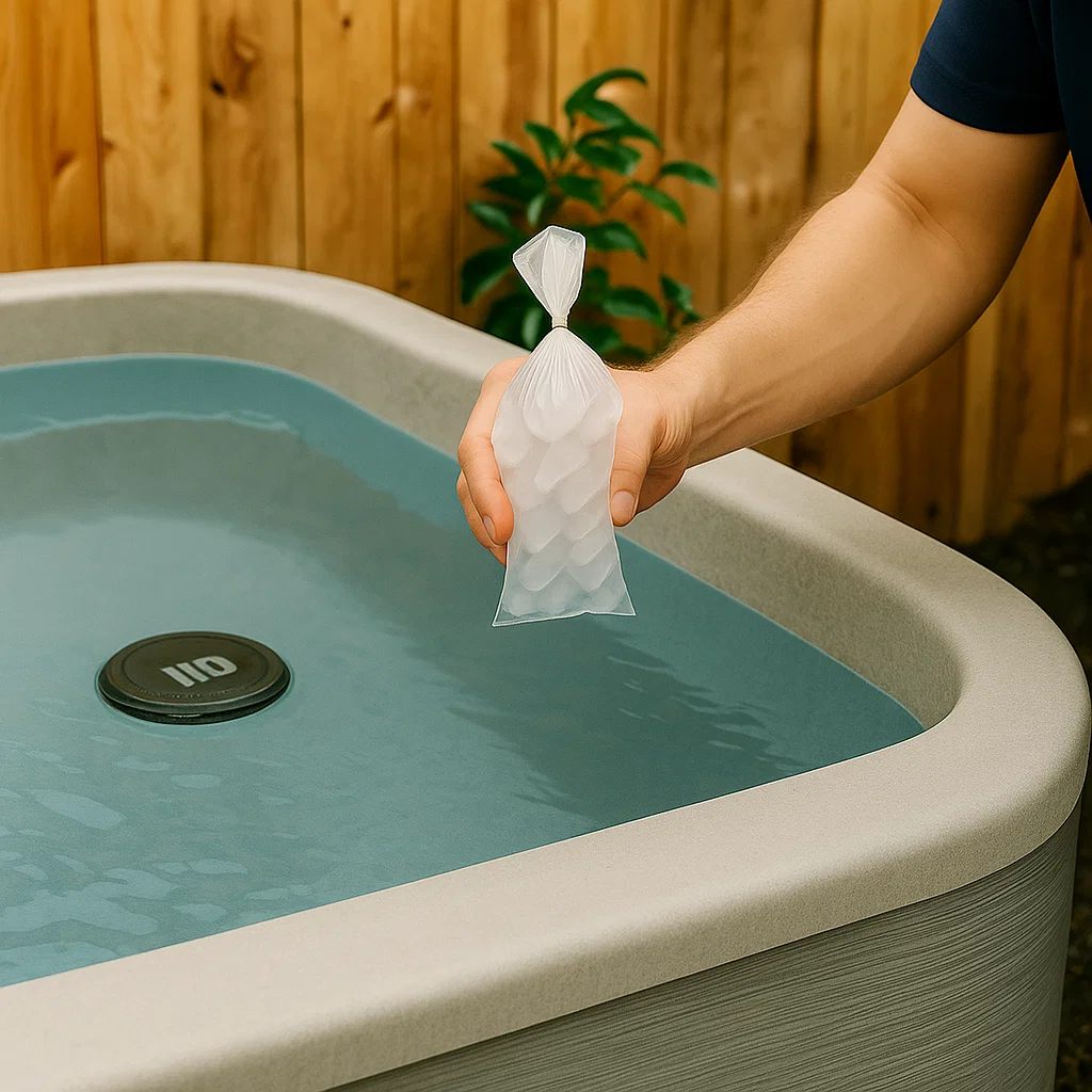 Ice cubes, chillers, and shade options displayed as cooling solutions for hot tub.