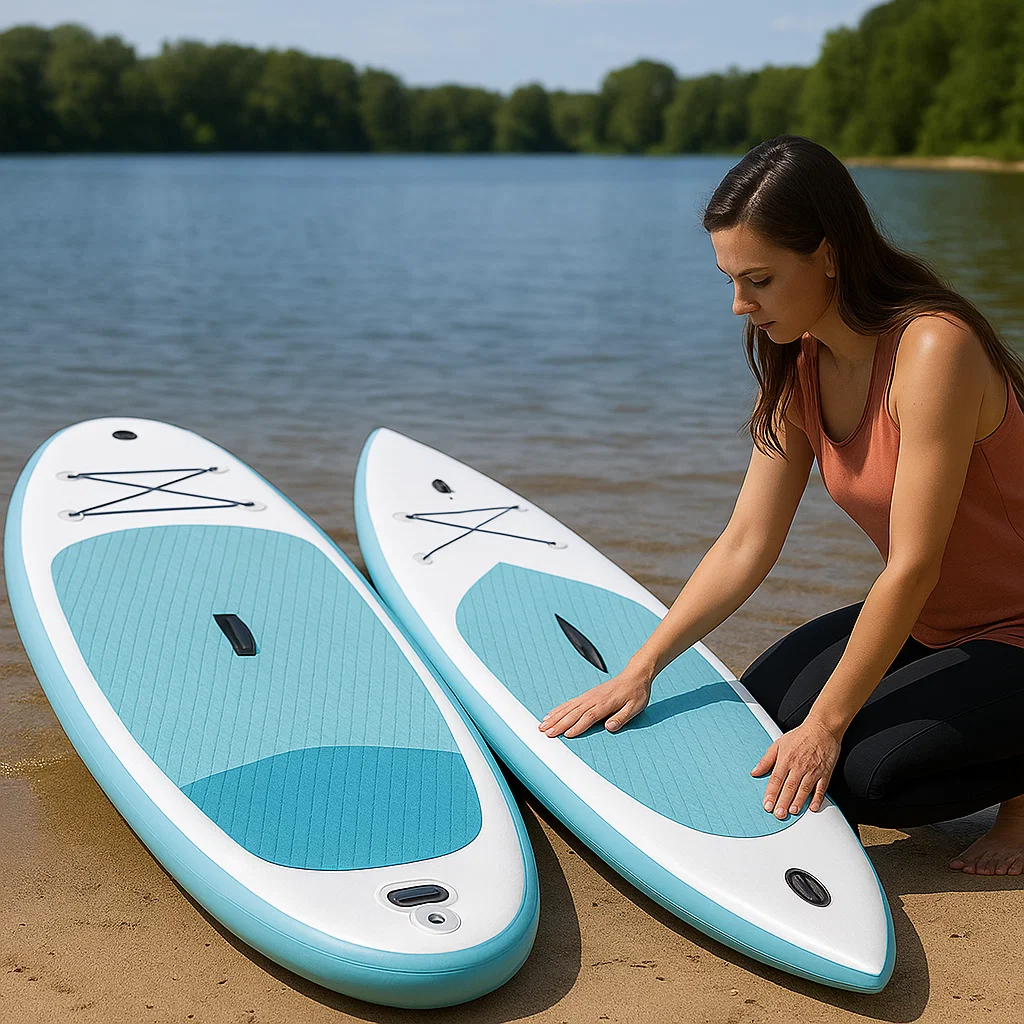 Woman examining two paddle boards placed on a lakeshore to compare shape and deck design.
