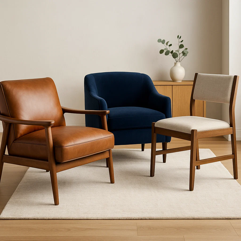Three accent chairs in leather, velvet, and fabric arranged on neutral rug in modern room.