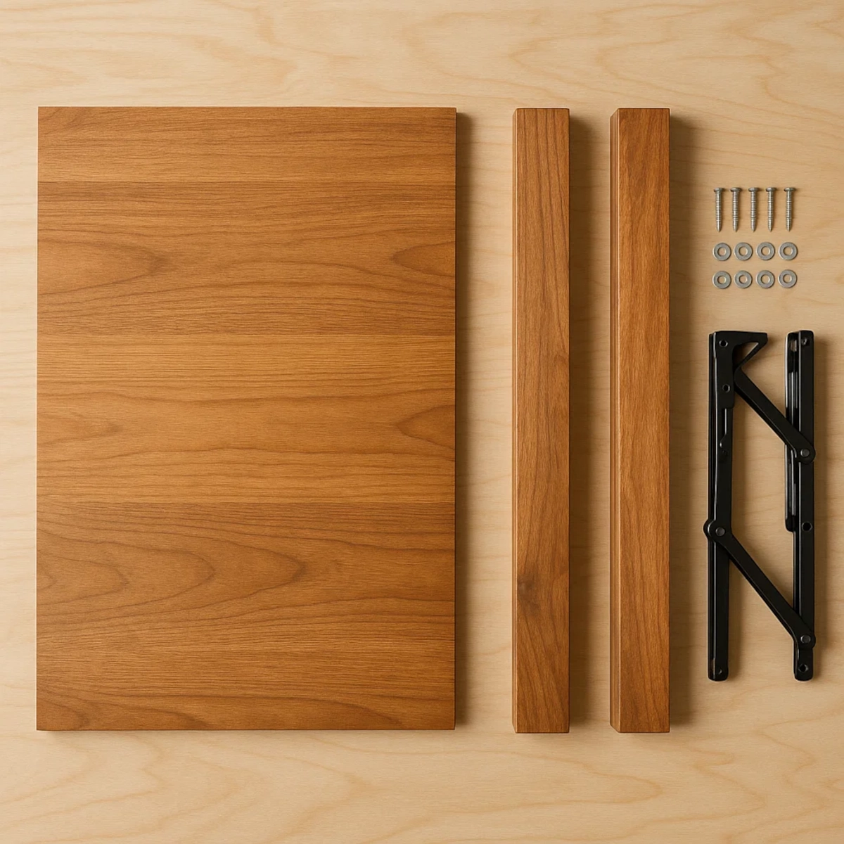 Wooden boards, black folding bracket, screws, and washers neatly arranged on a wood surface.