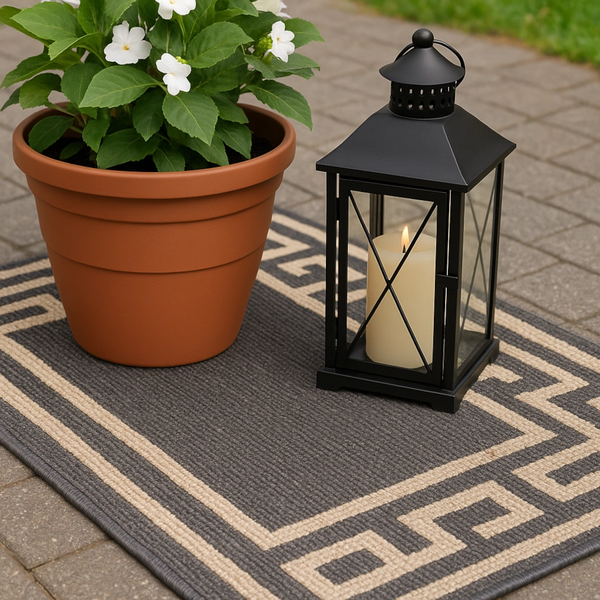 Black lantern and terracotta plant pot placed on outdoor mat with tiled patio background.