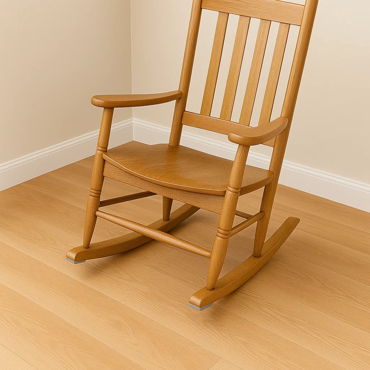 Wooden rocking chair with adhesive felt pads on rocker ends to reduce floor scuffing and noise.
