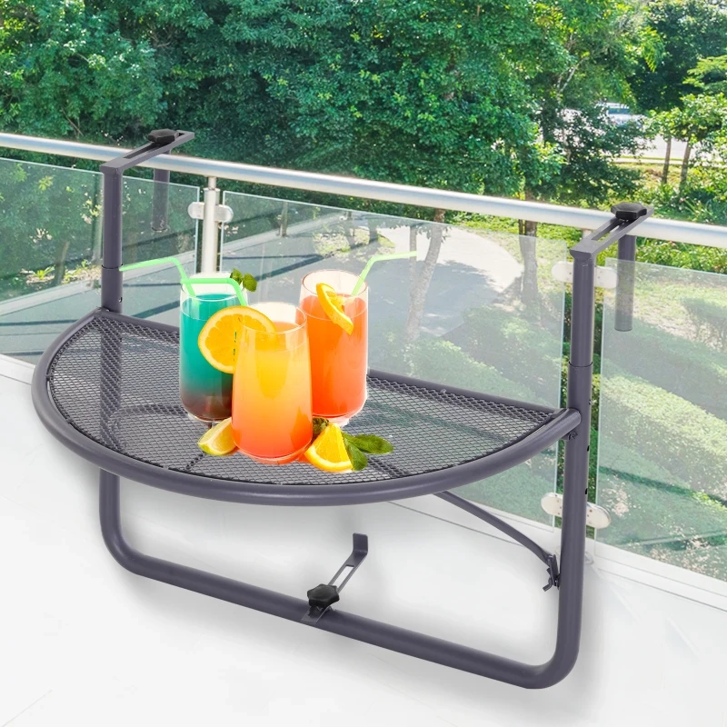 Foldable semi-circular balcony table with three colourful drinks and fruit garnishes on top.