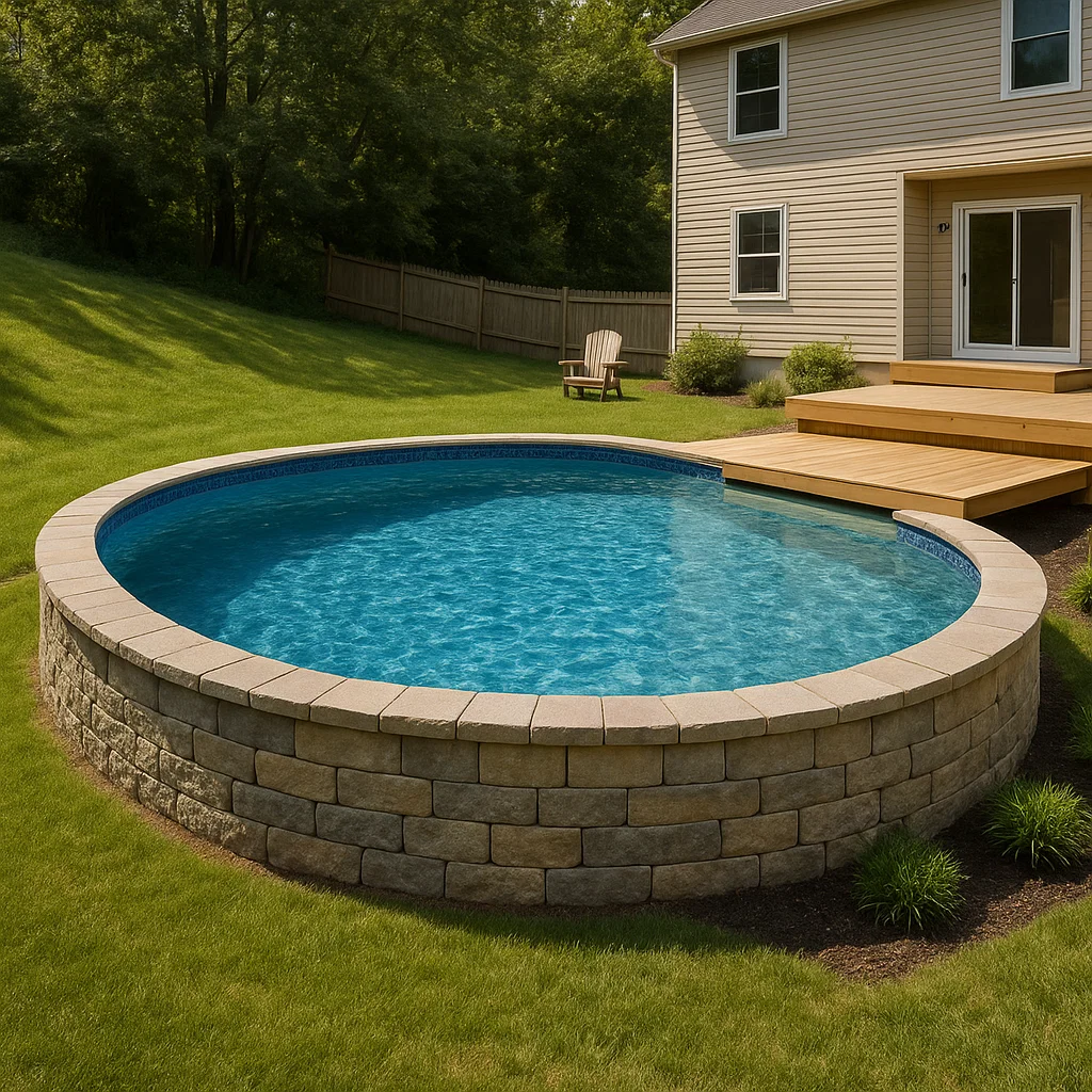 Semi-inground pool installed partially below ground for a stylish and built-in look.