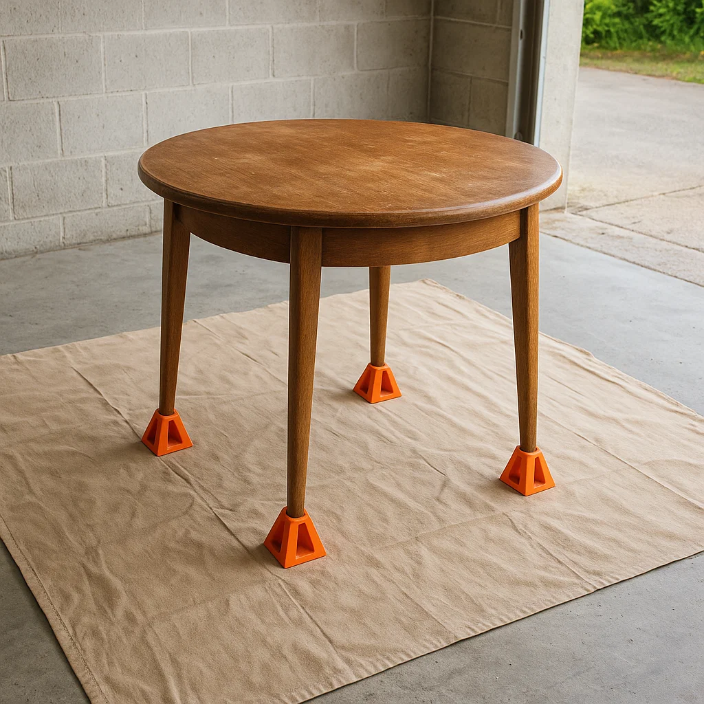 Round table raised on orange furniture risers over drop cloth in a garage workspace.