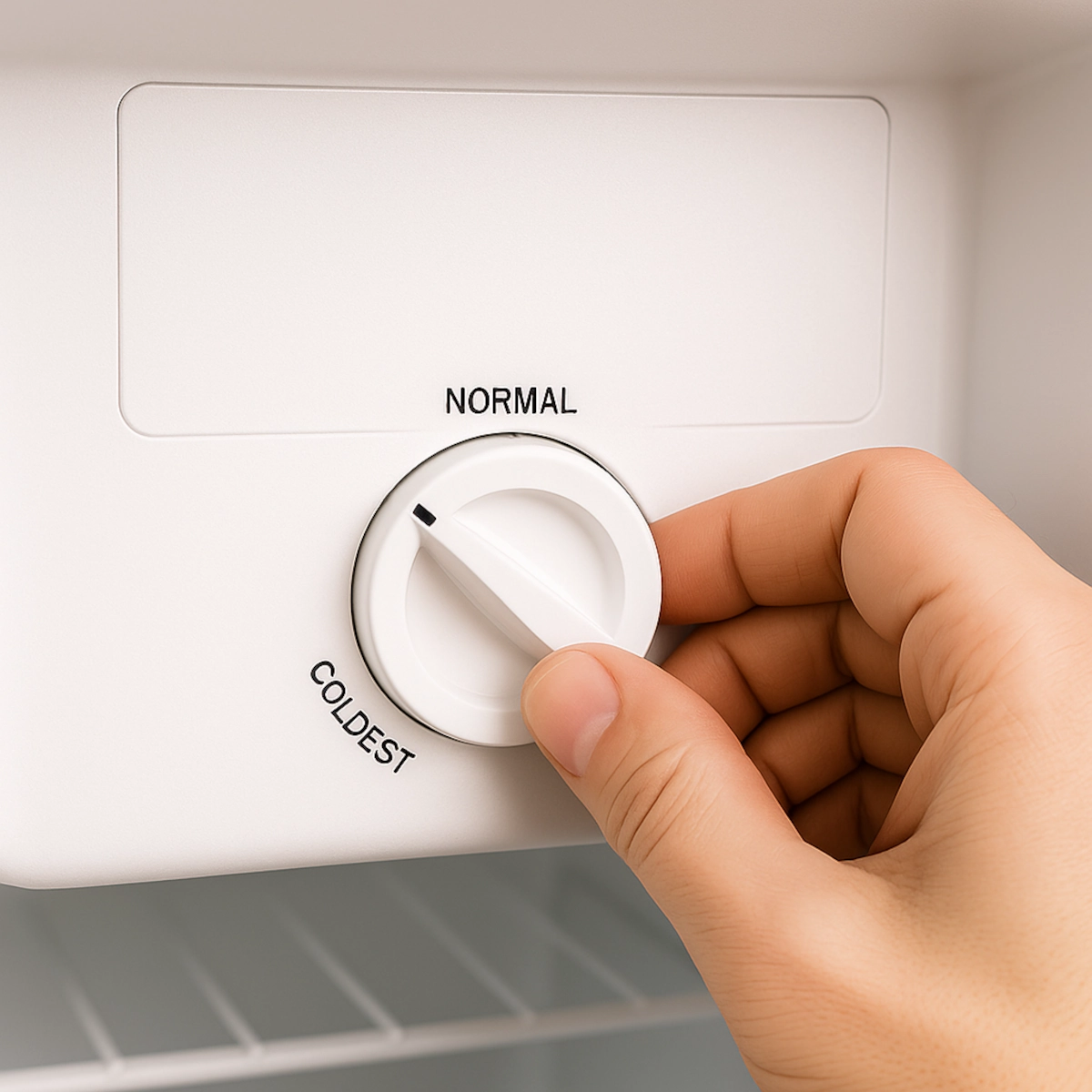Hand adjusting mini fridge thermostat to normal setting.