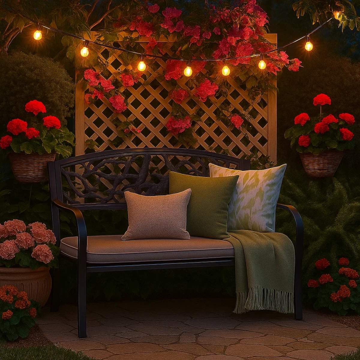 Garden bench under string lights that glow softly in the evening.