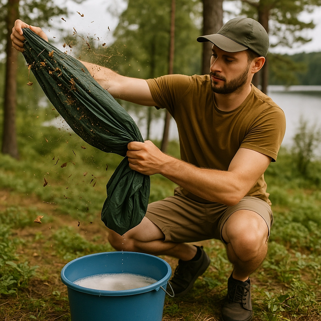Man shaking off leaves and debris from a hammock over a soapy bucket in the forest.