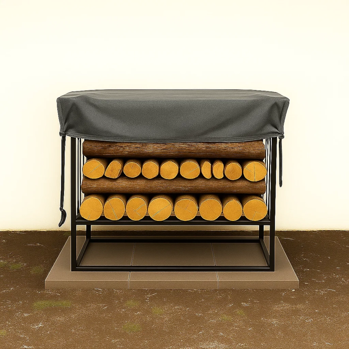 Firewood rack covered with fitted waterproof tarp for weather protection.