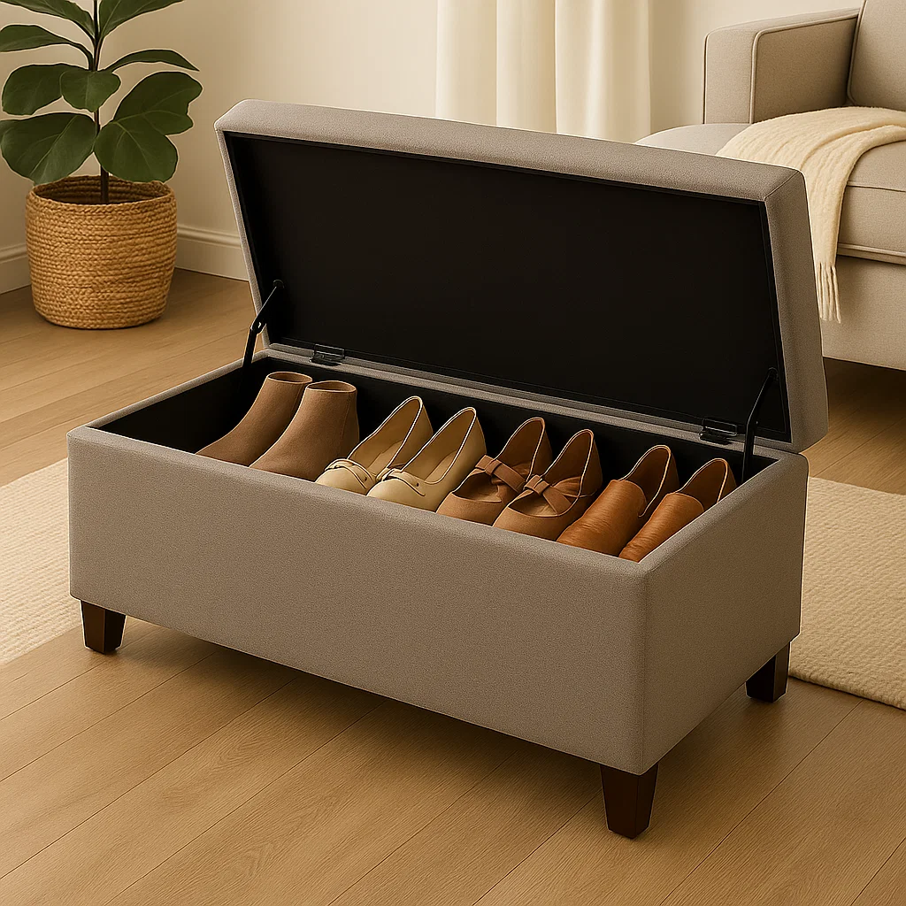 Taupe ottoman storage bench holding multiple pairs of women’s shoes neatly organized inside.