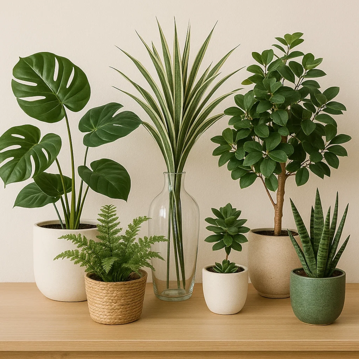 Assorted faux plants in neutral pots displayed on a wooden surface against a cream wall.