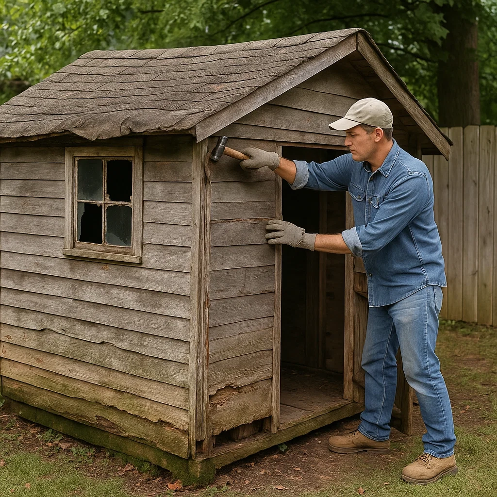 Visible shed damage including sagging roof, cracked panels, and rusted hinges indicating repair needs.
