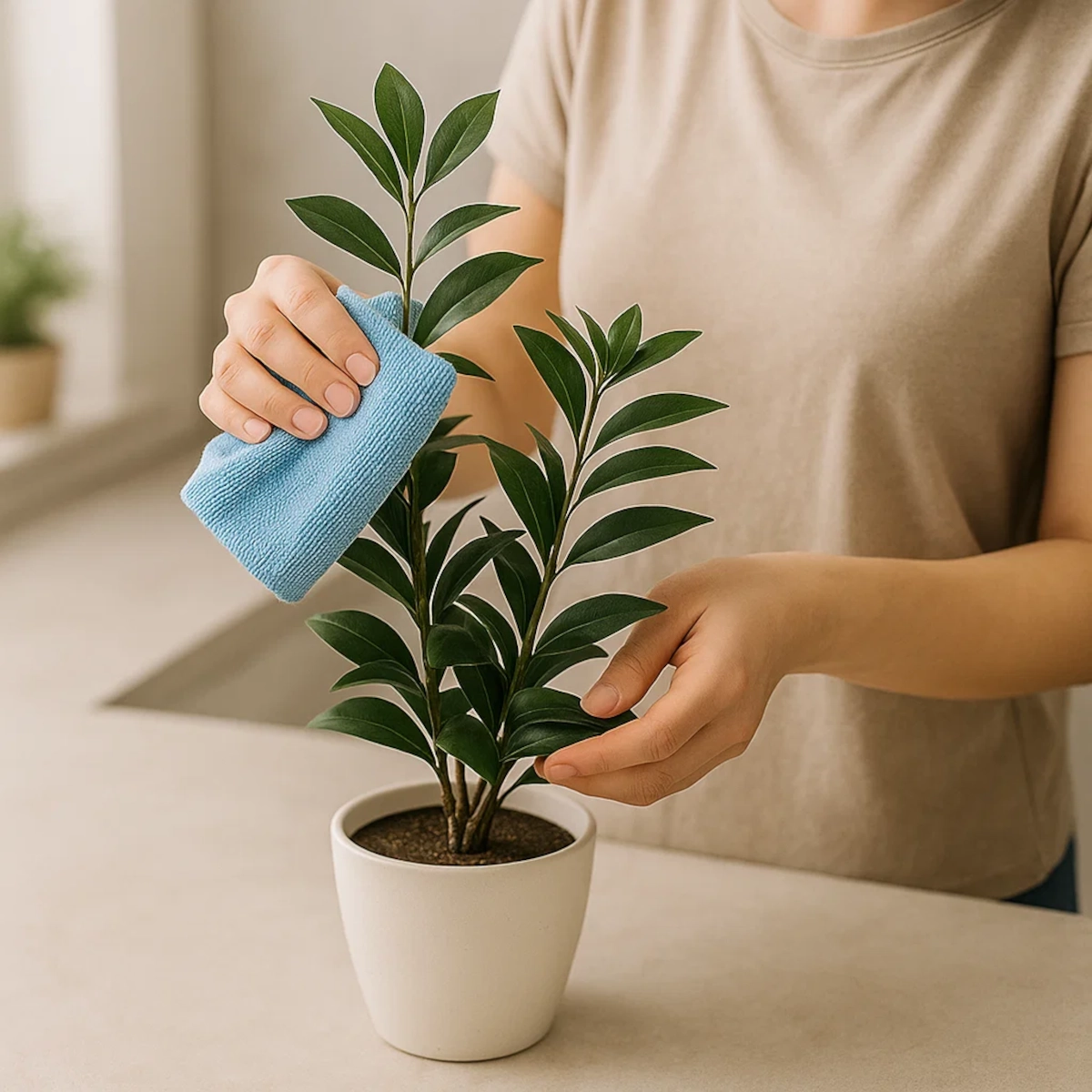 Person using a blue microfiber cloth to gently clean artificial plant leaves in a pot.