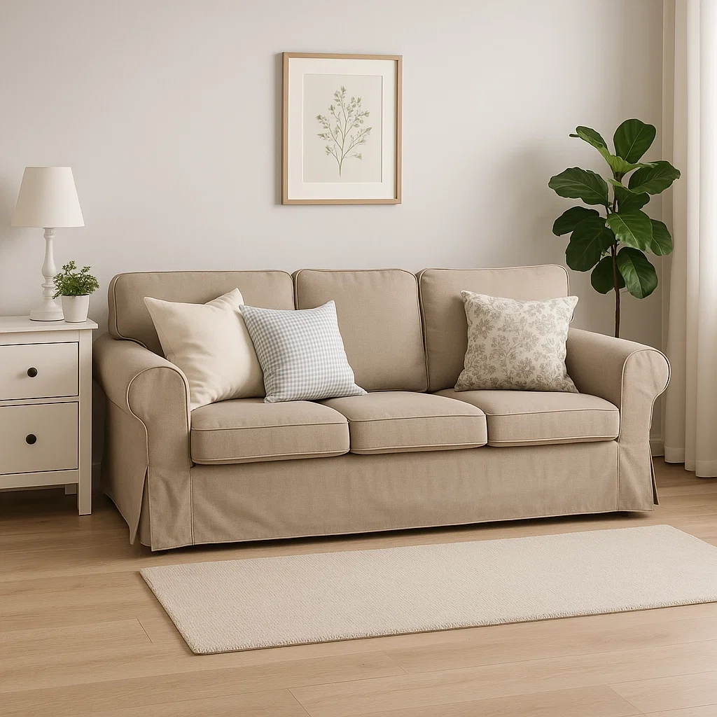 Classic beige sofa with tailored slipcover and patterned throw pillows beside a nightstand.