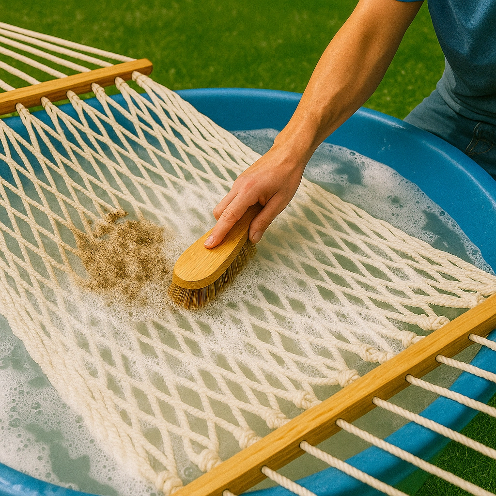 Hand scrubbing a rope hammock in a soapy bucket to remove dirt and grime.