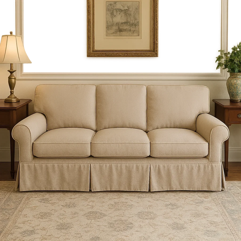 Traditional beige sofa with skirted base, flanked by two side tables and framed artwork.