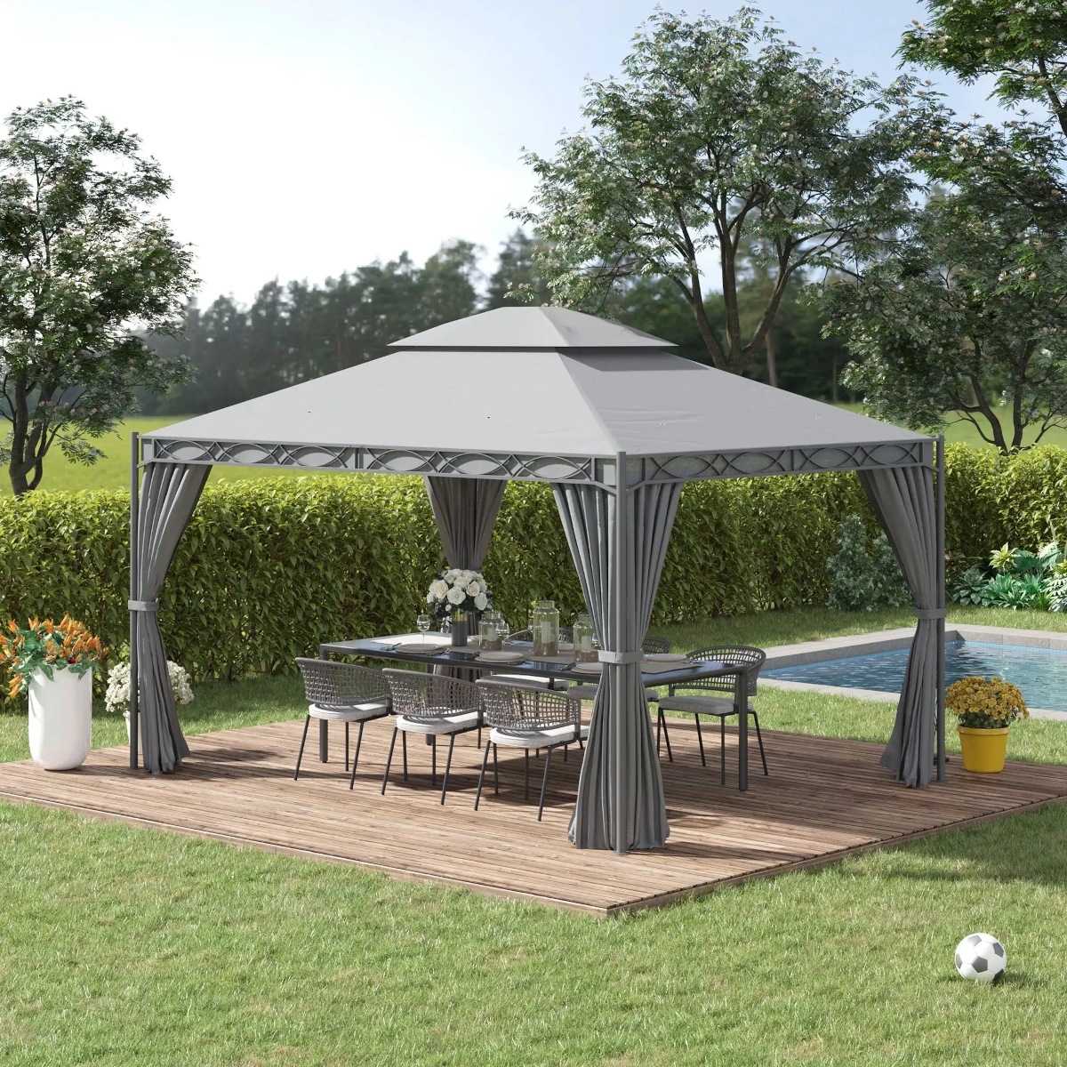 Soft-top gazebo with a fabric canopy, ideal for shaded outdoor lounging or dining.