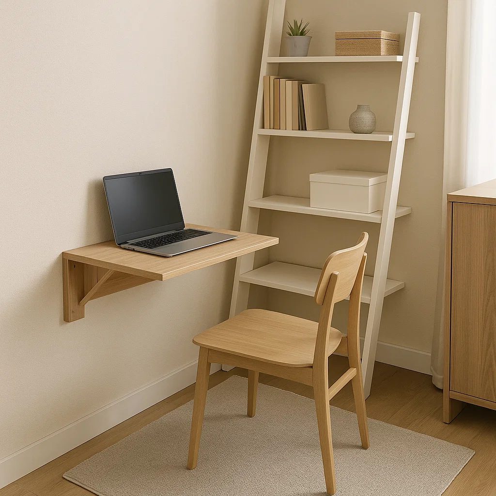 Compact wall-mounted desk with open laptop, wooden chair, and ladder shelf in a small office.