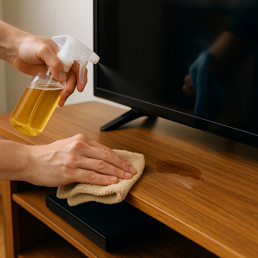 Applying cleaning solution to remove stubborn stains from a wooden TV stand using a soft cloth