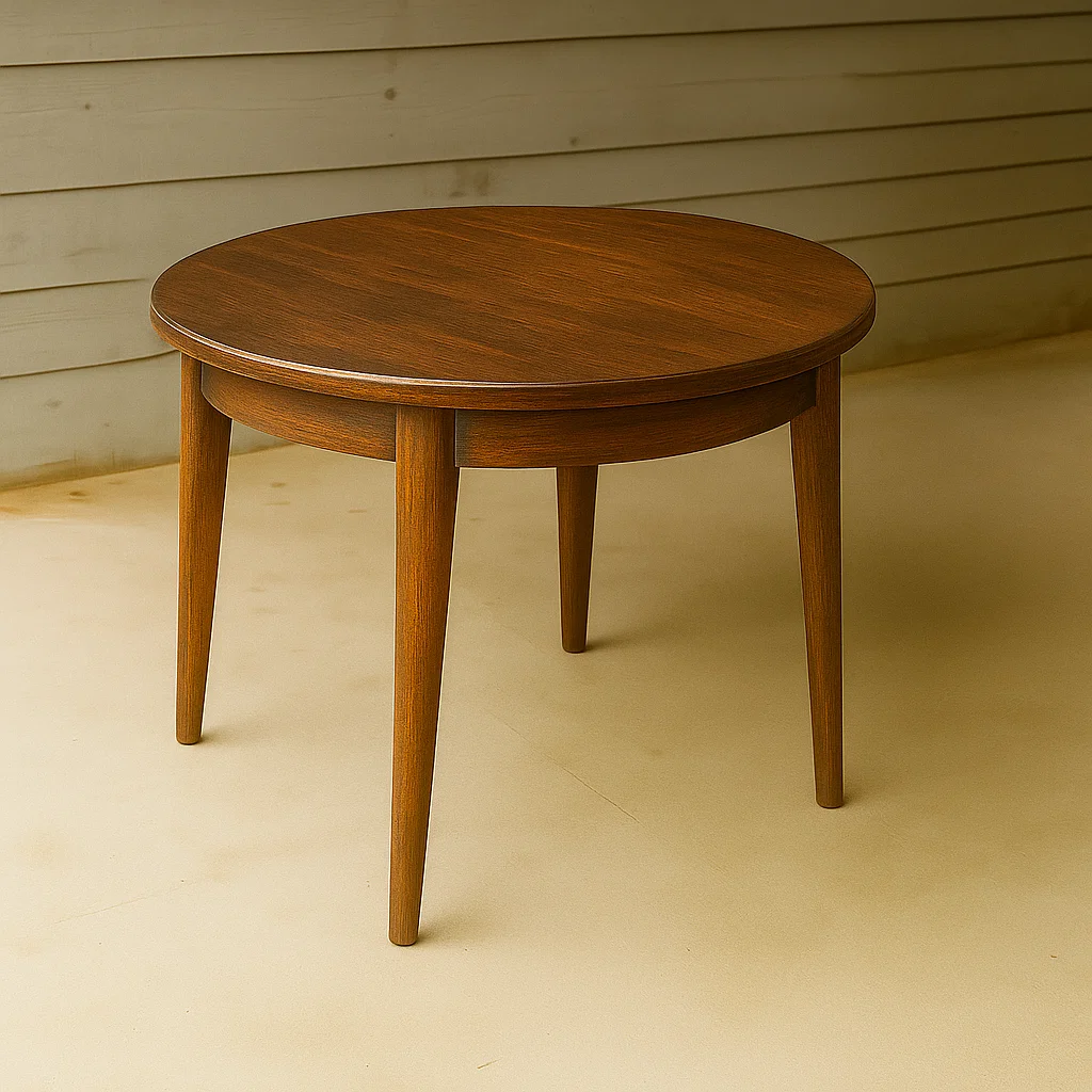 Wooden round table being stained with paintbrush and open can of wood stain on paper mat.