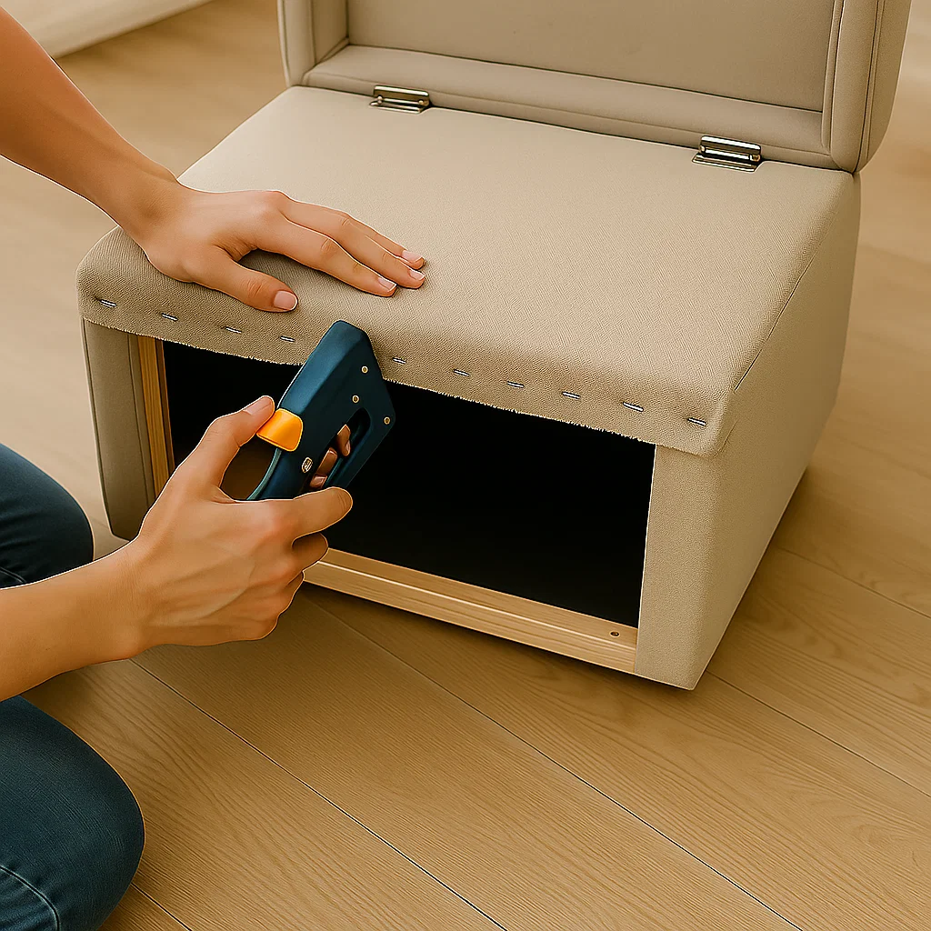 Stapling new fabric to ottoman frame with staple gun, hands smoothing material.