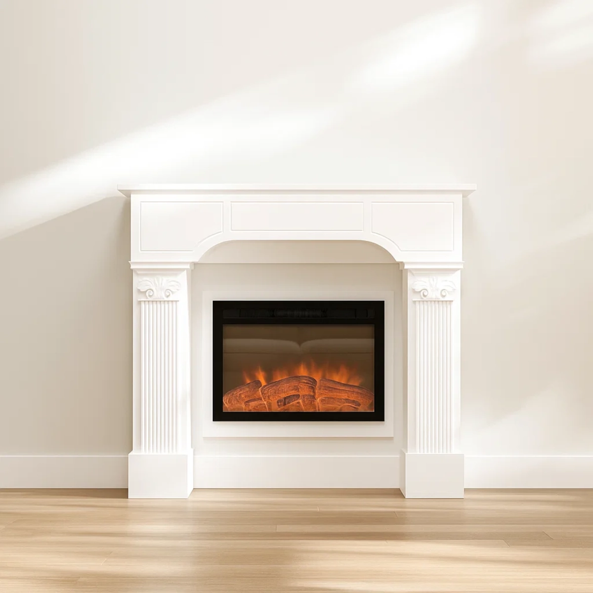 Minimal white fireplace with electric fire and clean wall background