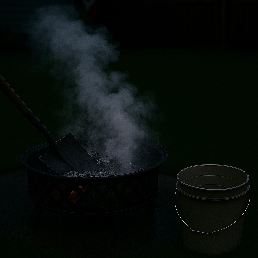 Hand using metal shovel to stir ashes and ensure fire is completely out in fire pit.