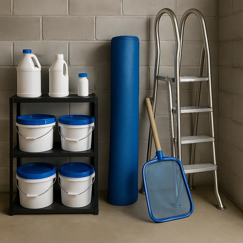 Pool chemicals and tools neatly organized on shelves in dry indoor storage area.