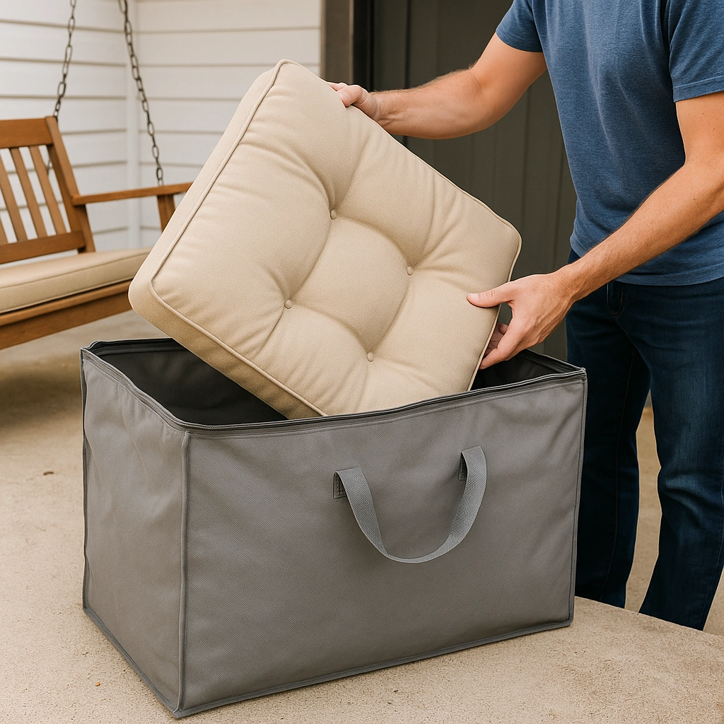 Porch swing cushions stored in a weatherproof bin for winter protection