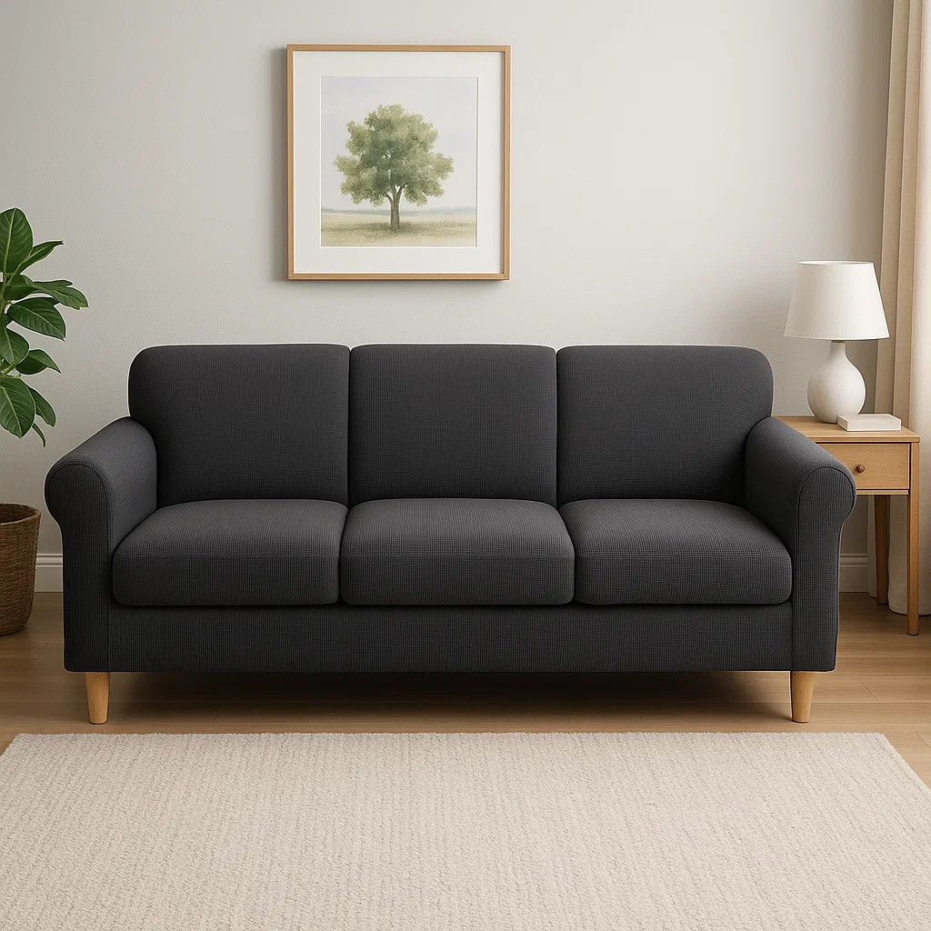 Charcoal gray sofa with wooden legs, minimalist decor, and a framed tree print above.