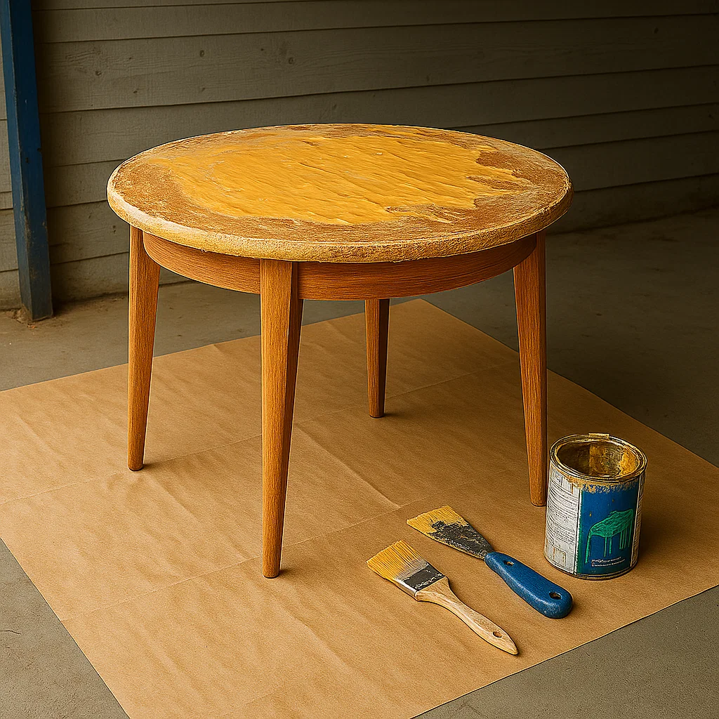 Round wood table partially stripped of finish, revealing raw wood with paint scraper and can nearby.