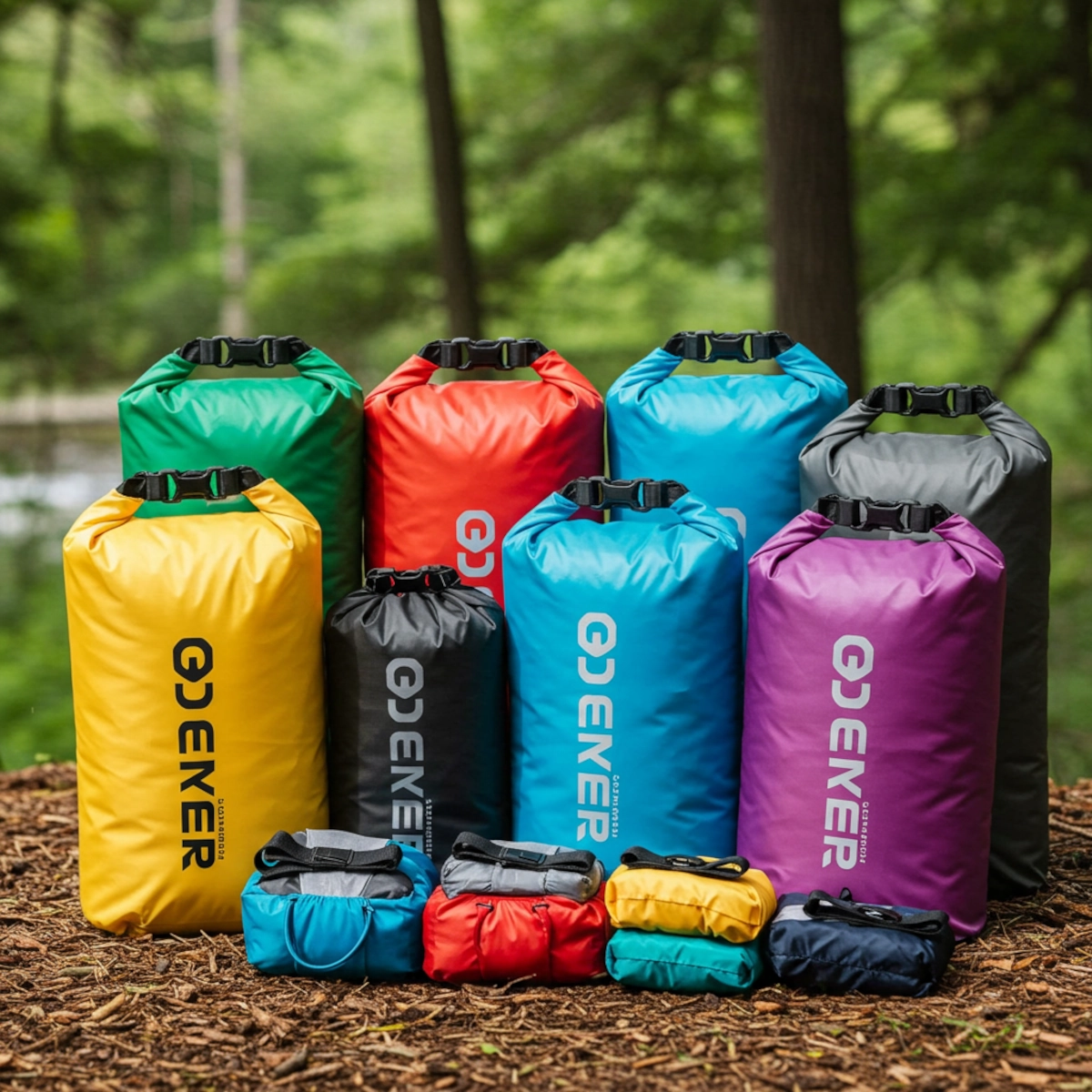 Colourful waterproof dry bags in different sizes placed outdoors for organized compact camping.