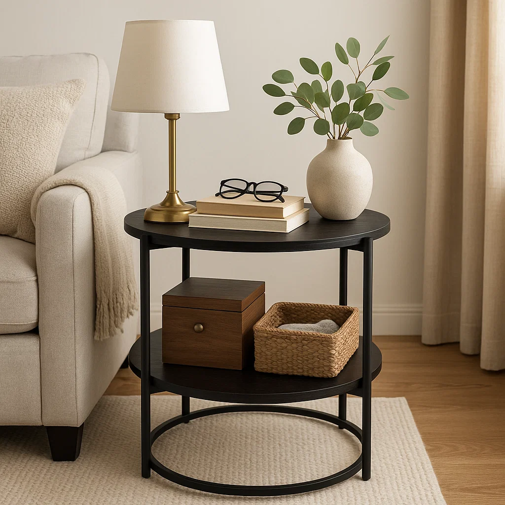 Multi-tier side table with books, a plant, a lamp, and a storage drawer for organization.