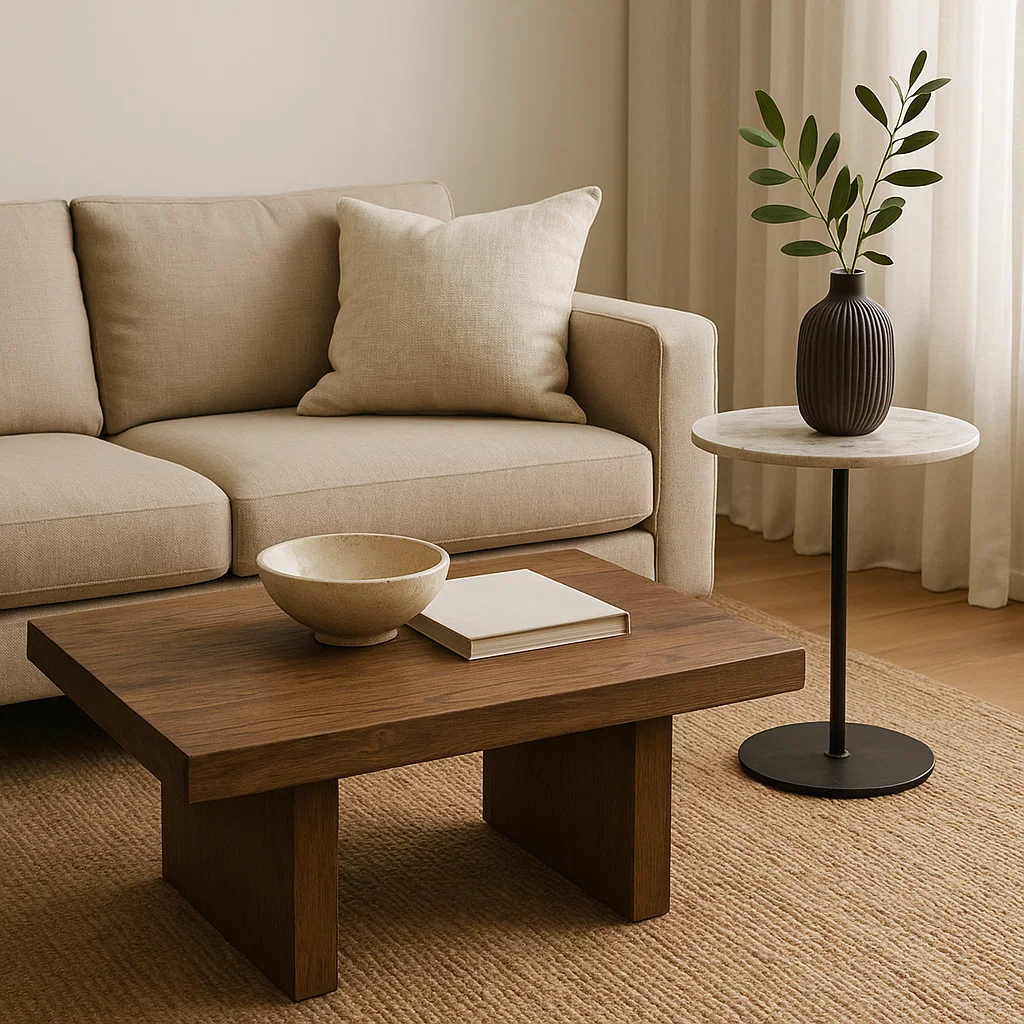 Dark wooden coffee table and marble-top side table with vase beside beige sofa.