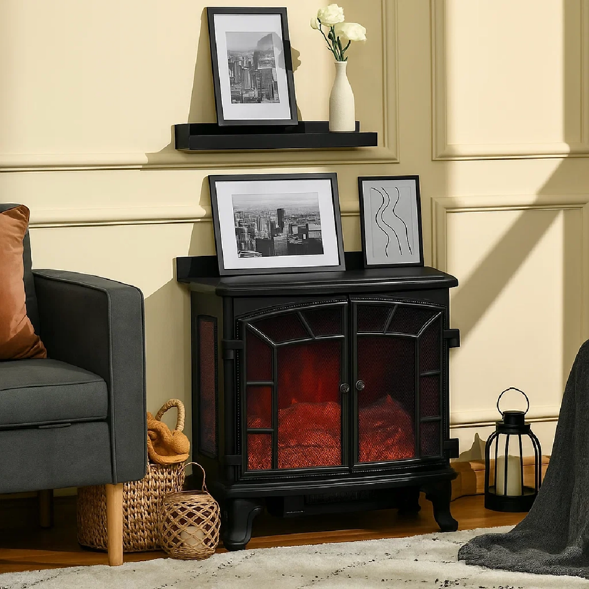 Gallery wall styling around a compact electric fireplace with black-and-white framed prints and lanterns.