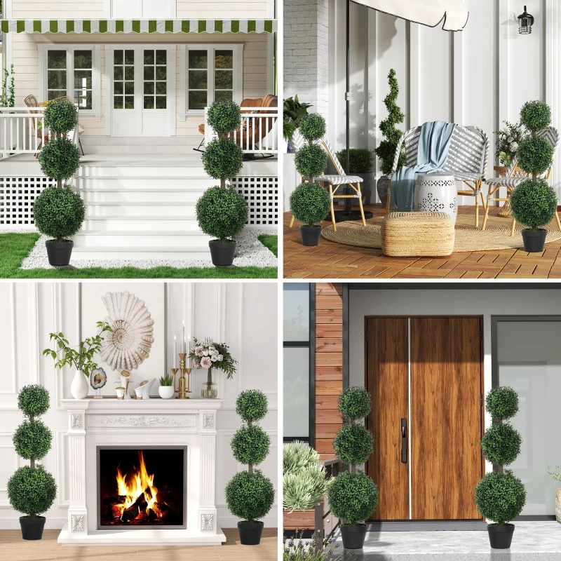 Topiary trees styled in outdoor, indoor, and entranceway spaces.