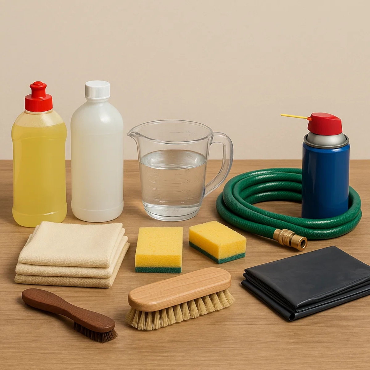 Outdoor cleaning supplies including soap, sponges, brush, hose, and spray neatly arranged.