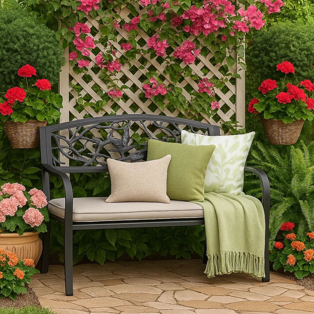 Floral arrangements and potted plants surrounding a garden bench for a lush look.