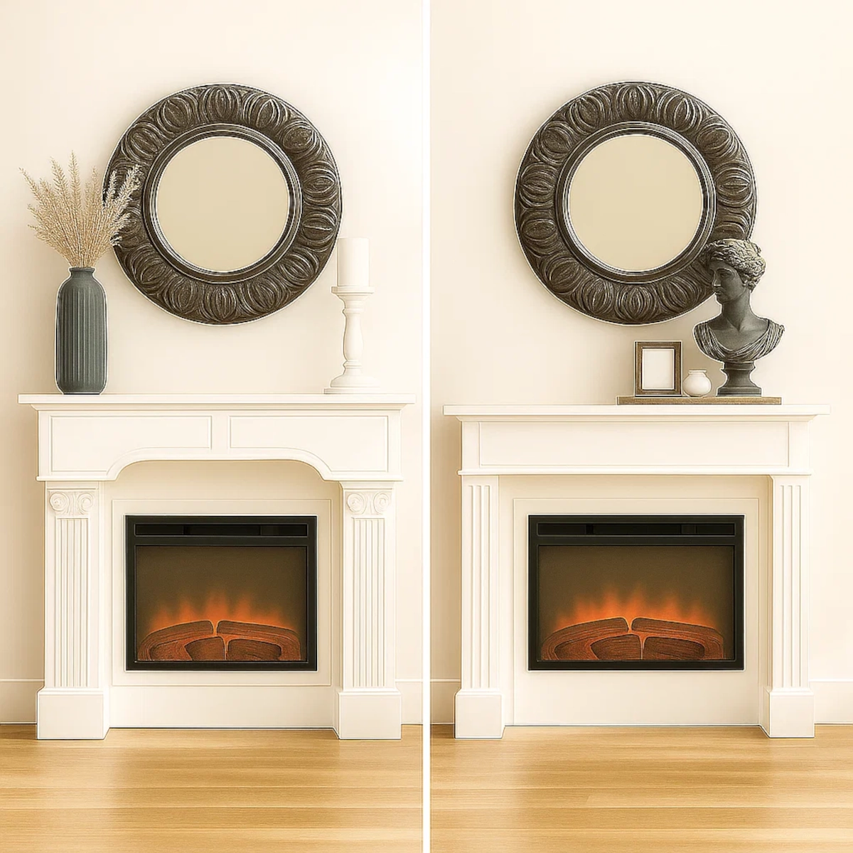 Two fireplace mantels styled differently with symmetrical and asymmetrical decor