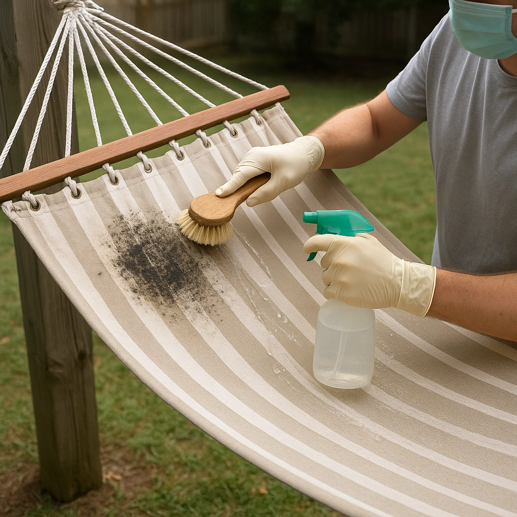 Person cleaning mildew on striped hammock fabric with brush and spray while wearing gloves and mask.