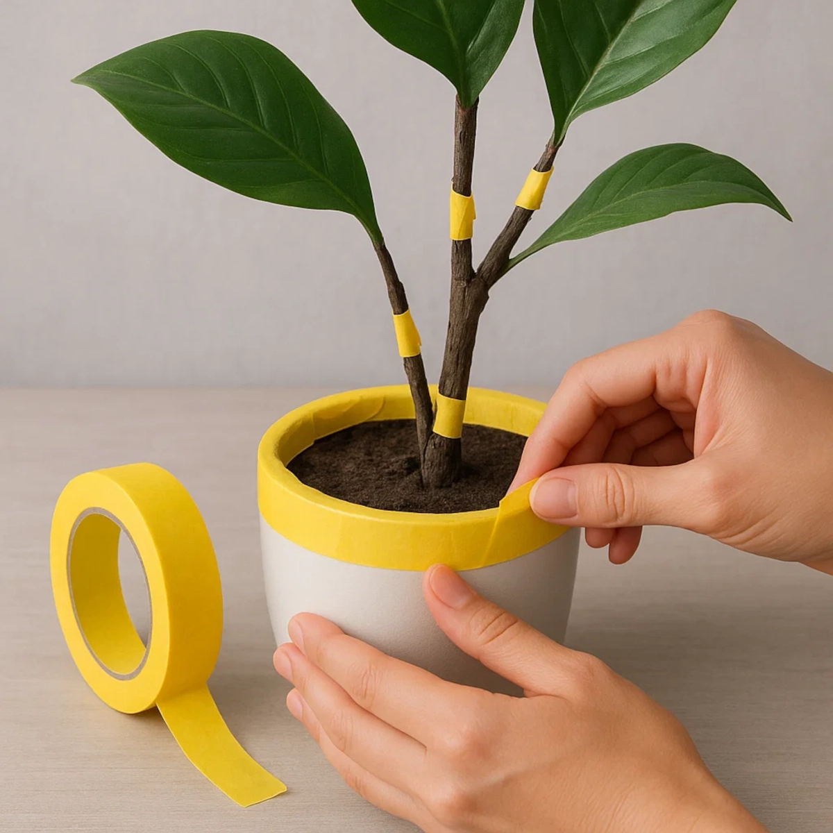 Hands wrapping yellow masking tape around plant stems and pot rim before painting.