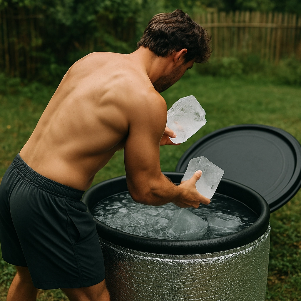 Shirtless man adding large ice blocks to insulated cold plunge tub in backyard.