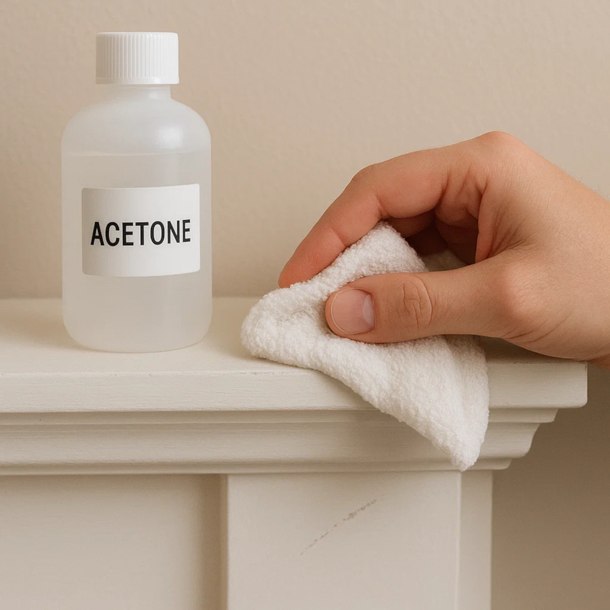 Using acetone and cloth to test existing paint on a white fireplace mantel.