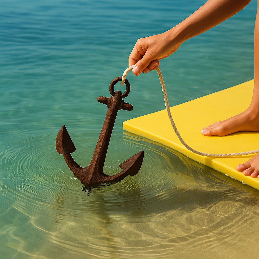 Anchor lowered into clear water from floating mat, securing it to prevent drifting.